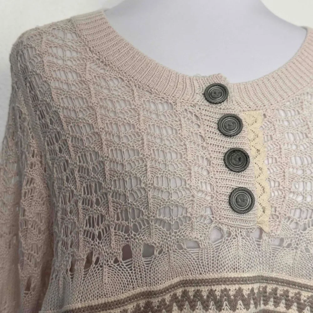 POL Sweater Crocheted Cream‎ Multicolor Embroidered Accents Pullover Size Medium